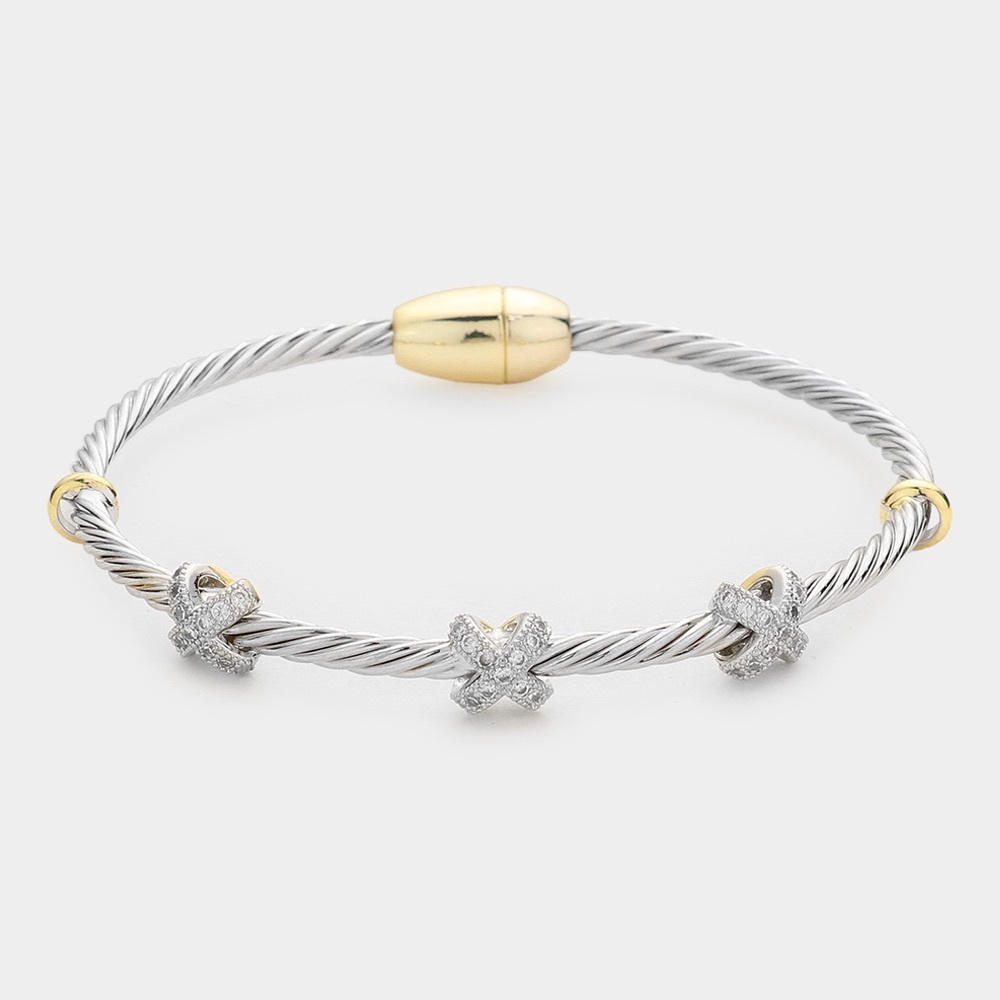 14K GP Bangle With Three Stations of CZ Magnetic Closure